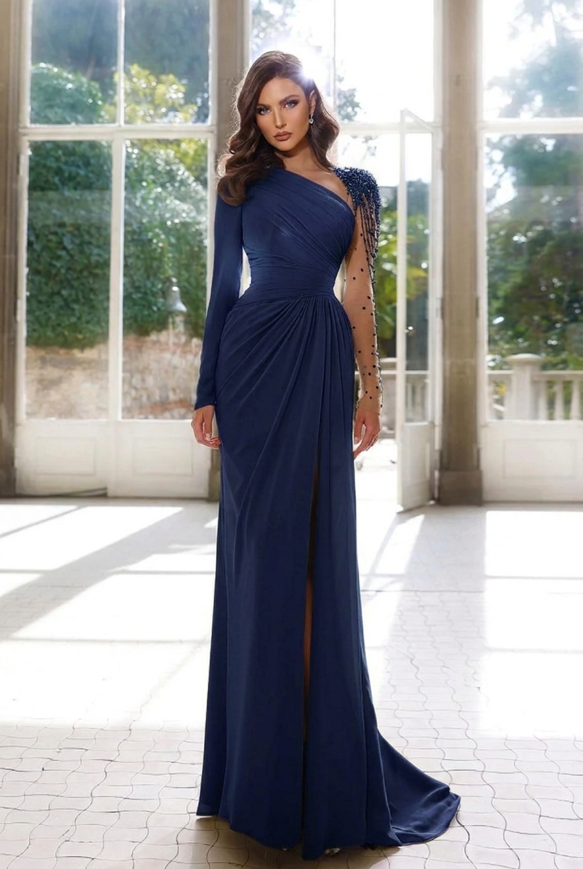 Dark navy asymmetrical beaded column evening dress