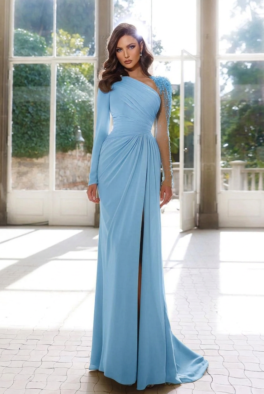 Light blue asymmetrical beaded column evening dress