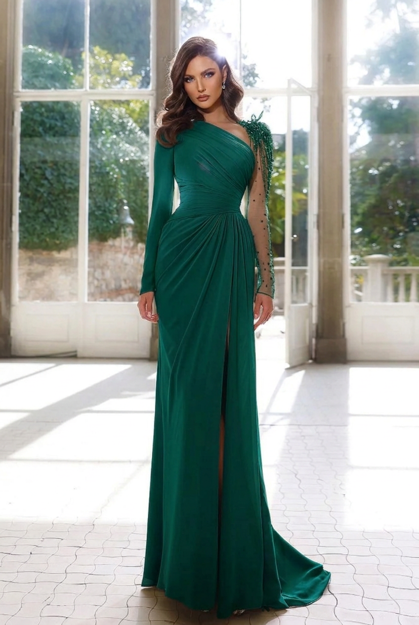 Dark green asymmetrical beaded column evening dress