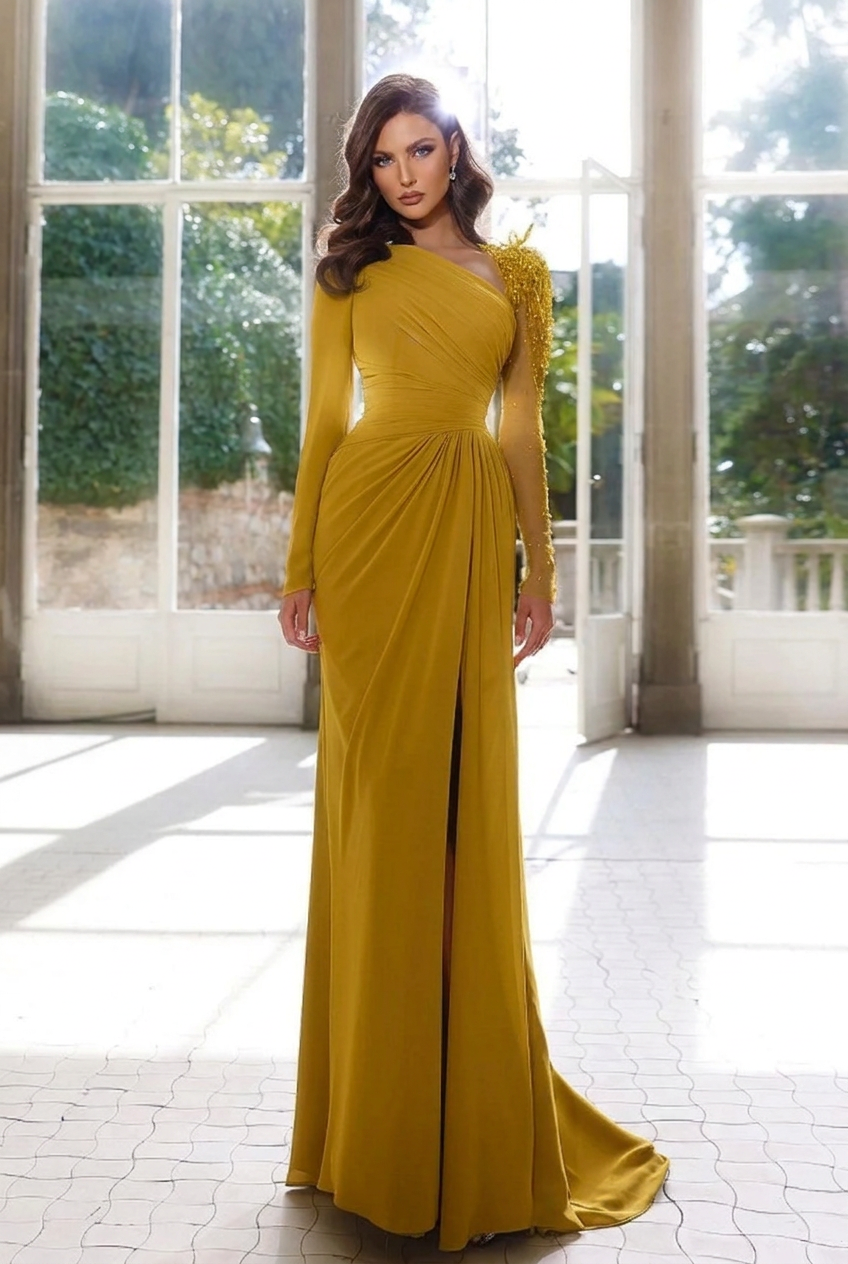 Gold asymmetrical beaded column evening dress
