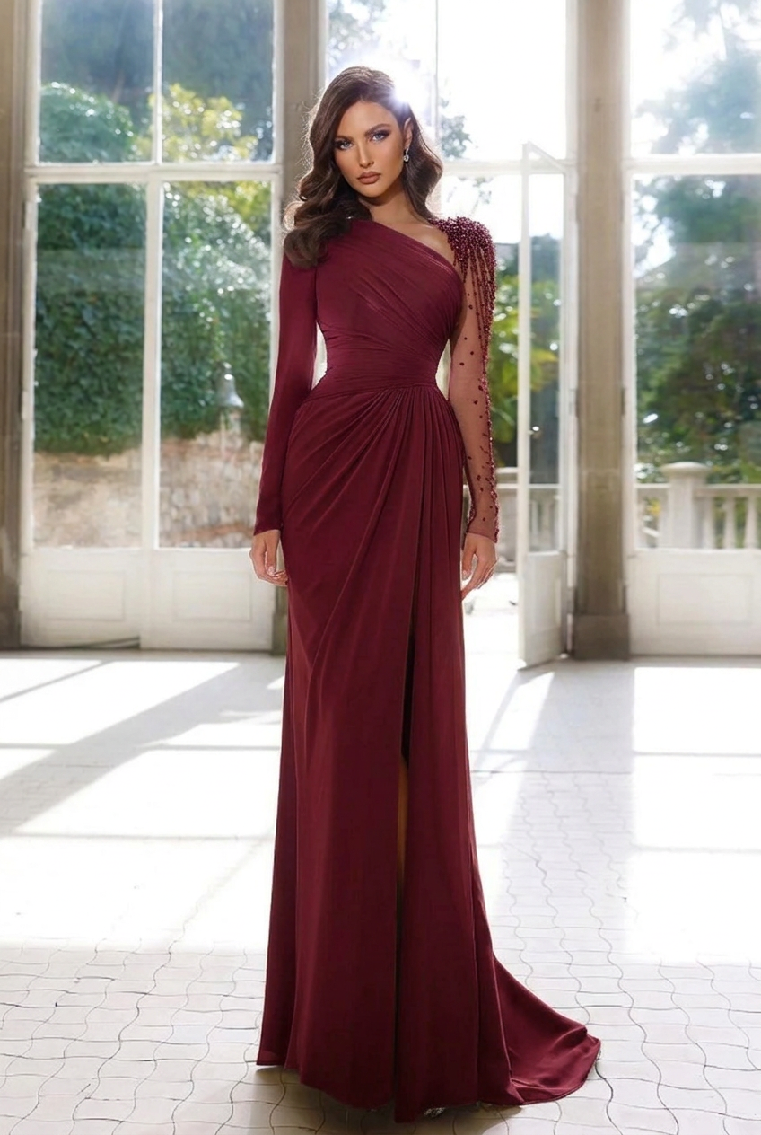 Burgundy asymmetrical beaded column evening dress