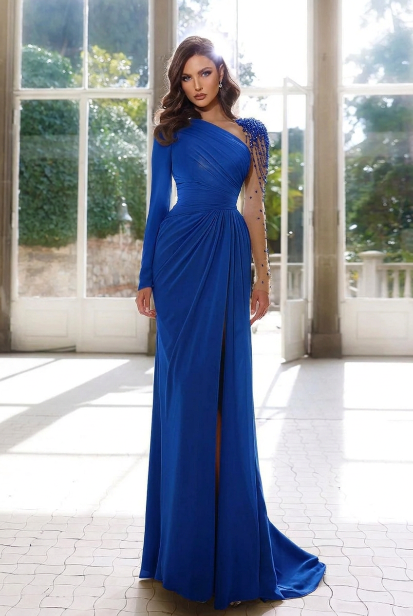Royal blue asymmetrical beaded column evening dress