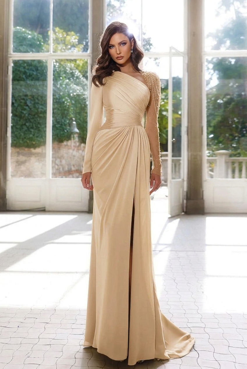 Champagne asymmetrical beaded column evening dress
