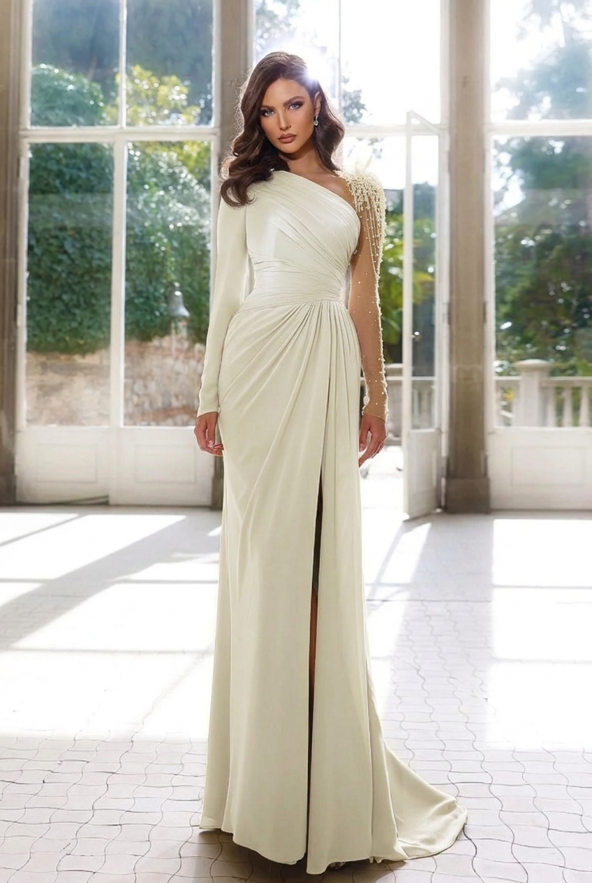 Ivory asymmetrical beaded column evening dress