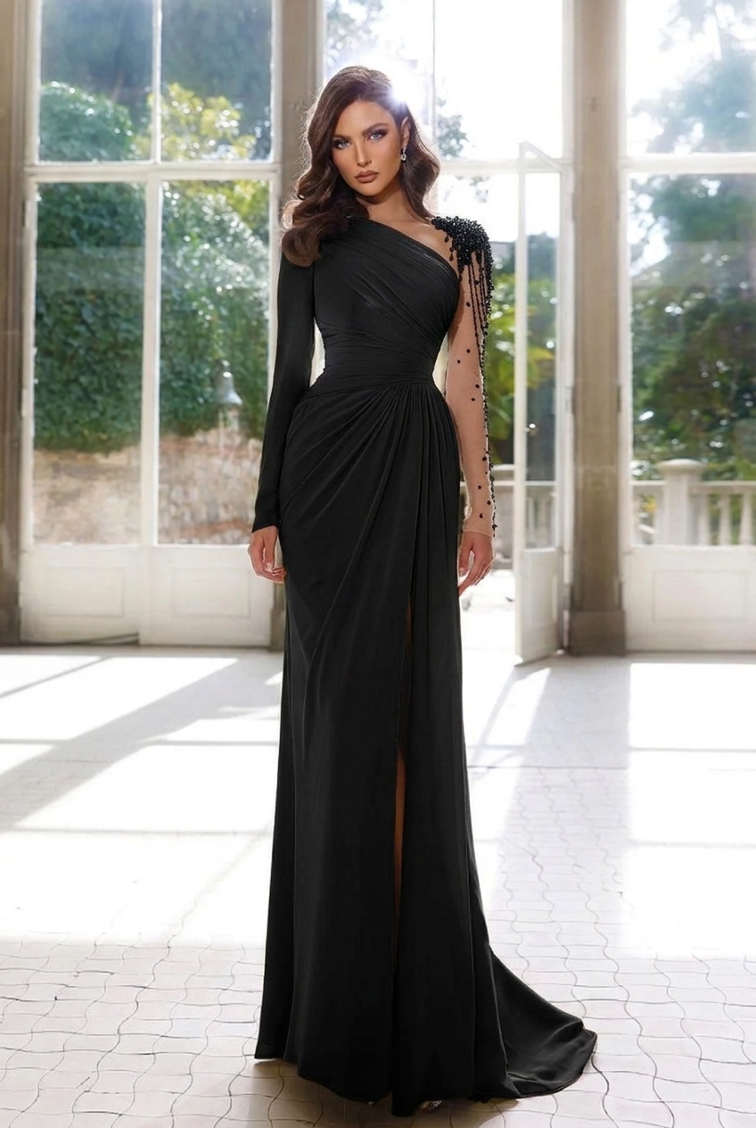 Black asymmetrical beaded column evening dress