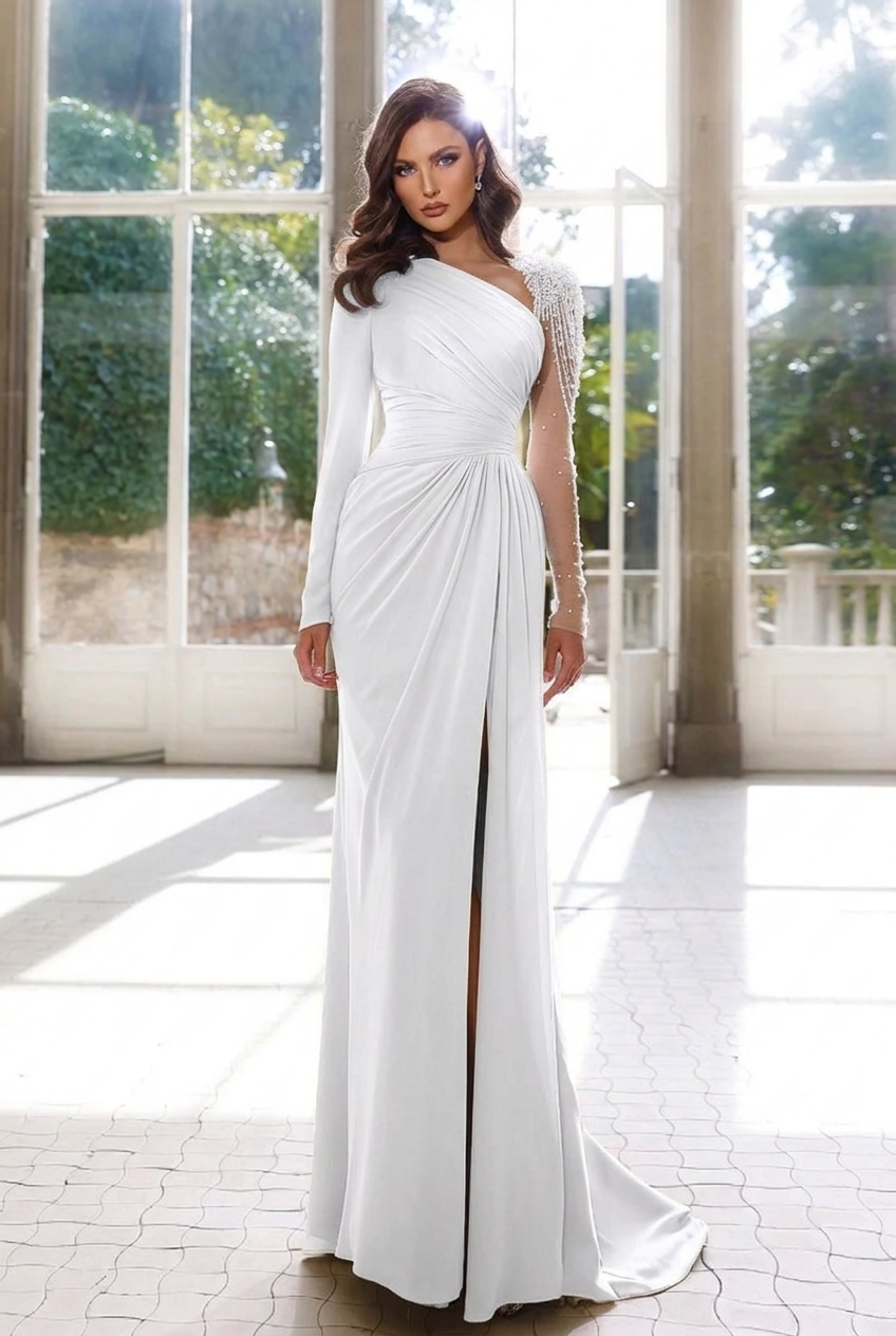 White asymmetrical beaded column evening dress