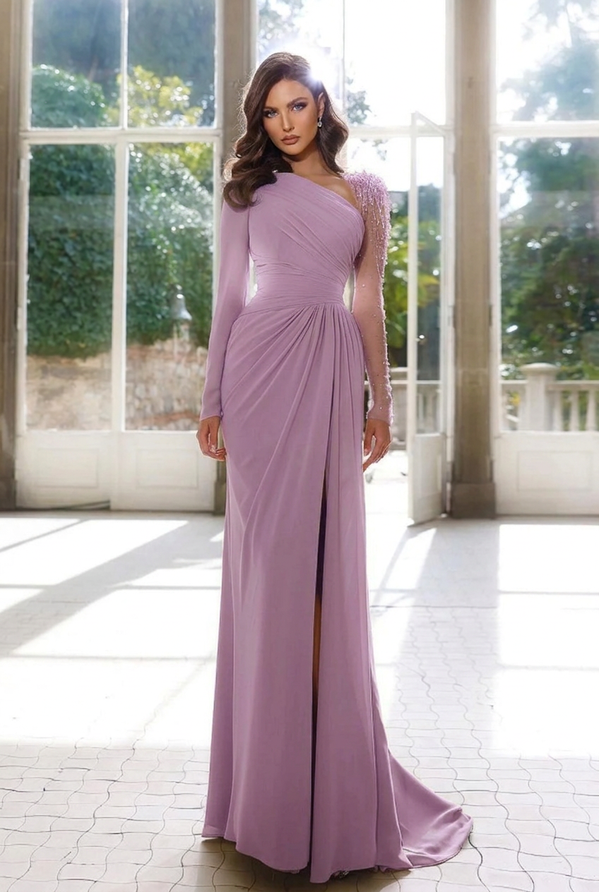 Lilac asymmetrical beaded column evening dress