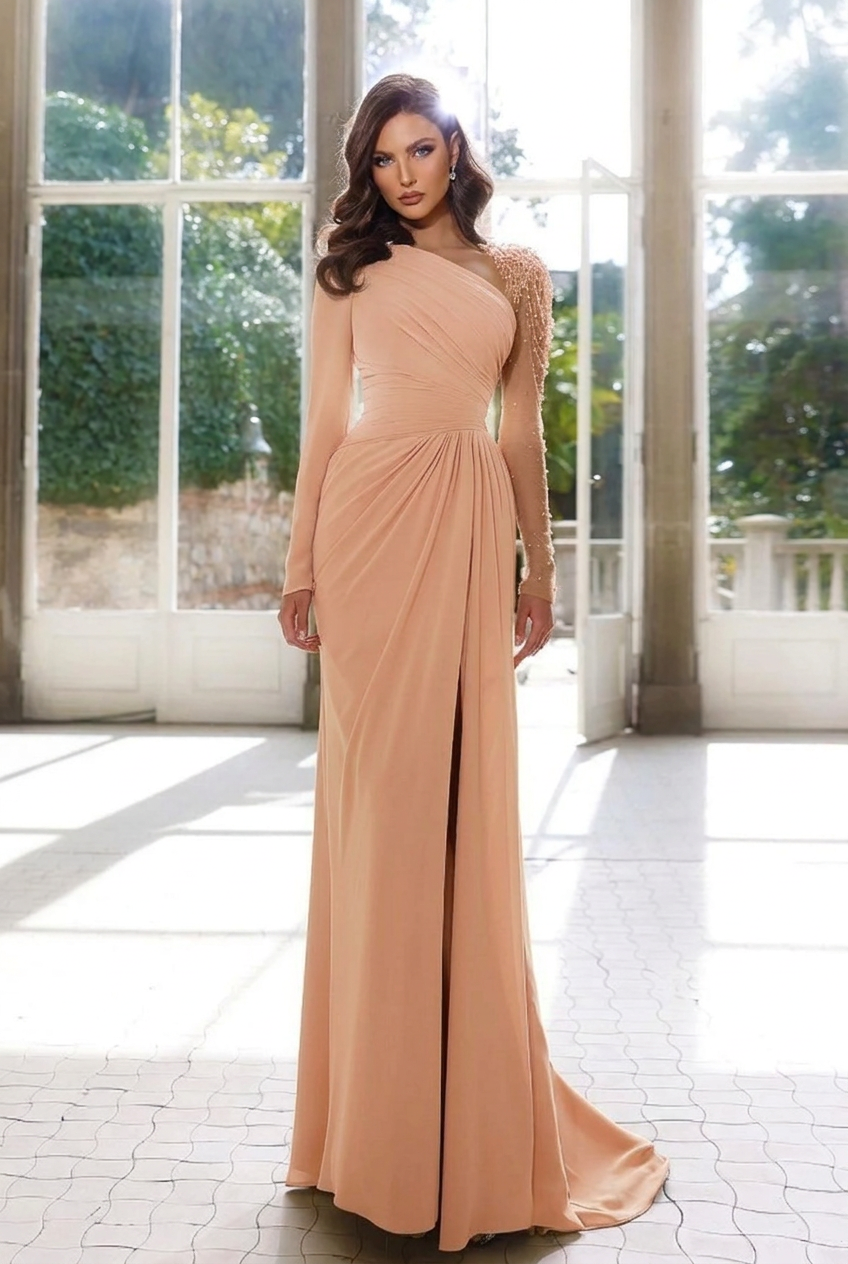Pearl pink asymmetrical beaded column evening dress