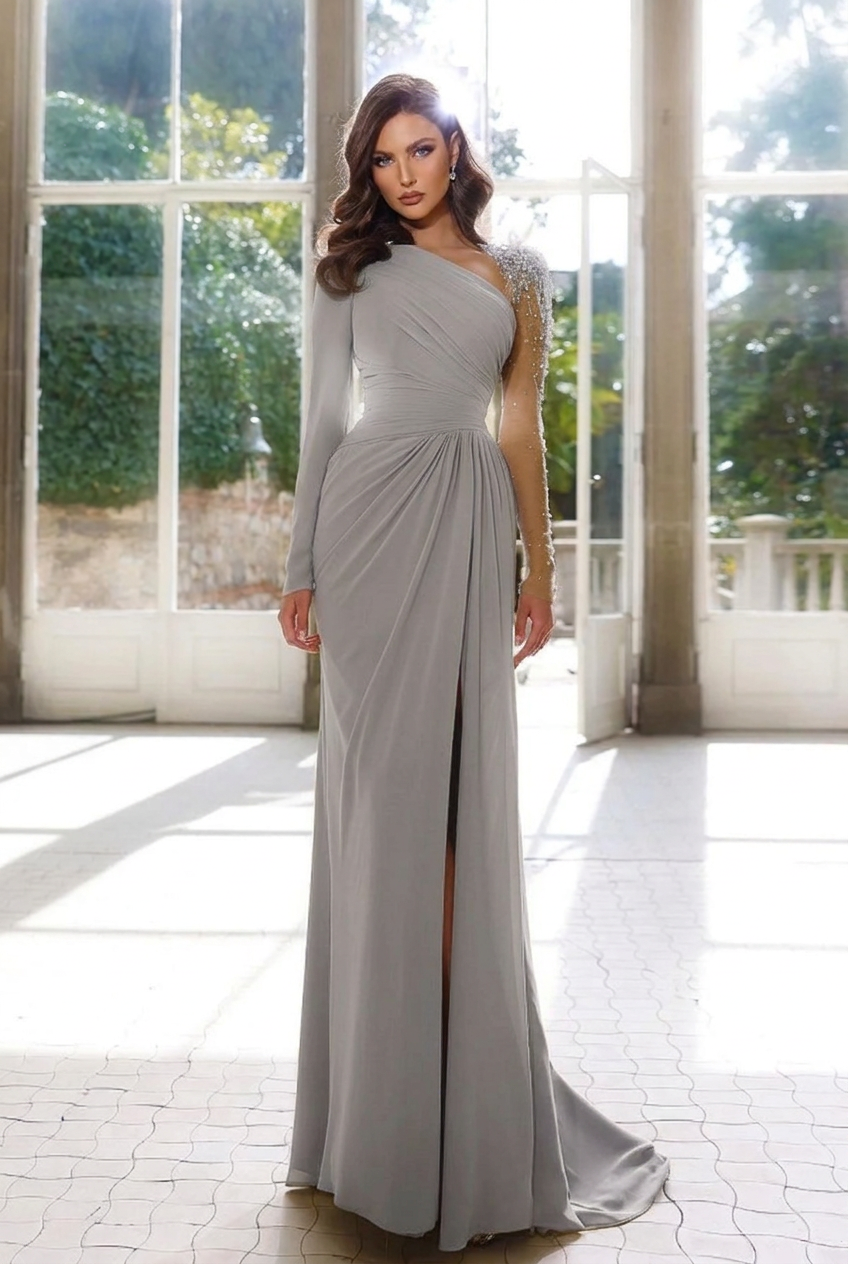 Silver asymmetrical beaded column evening dress