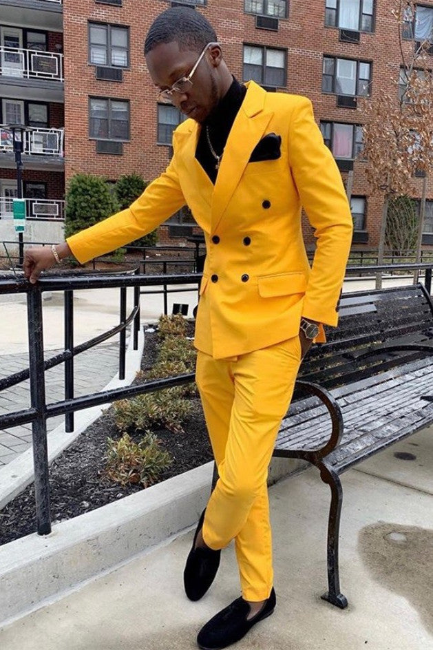 Yellow Double Breasted Peak Lapel Slim Fit Men’s Suits