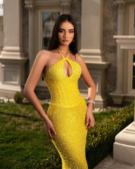 Yellow Halter Neck Mermaid Formal Dress All Over Sequin Keyhole Open Back Floor Length Evening Gown