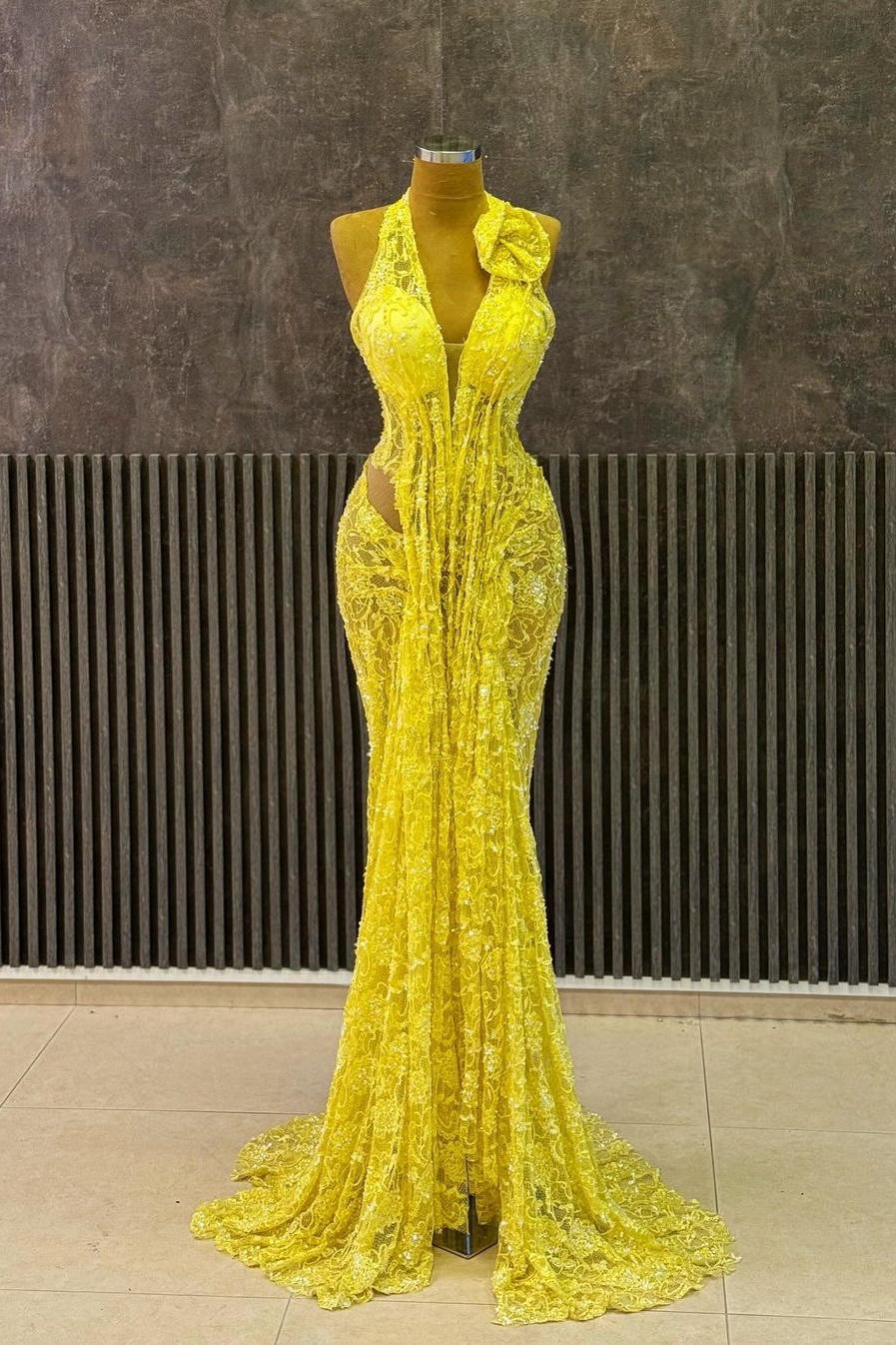 Yellow Lace Halter Neck Sleeveless Mermaid Long Formal Dress With Ruffles