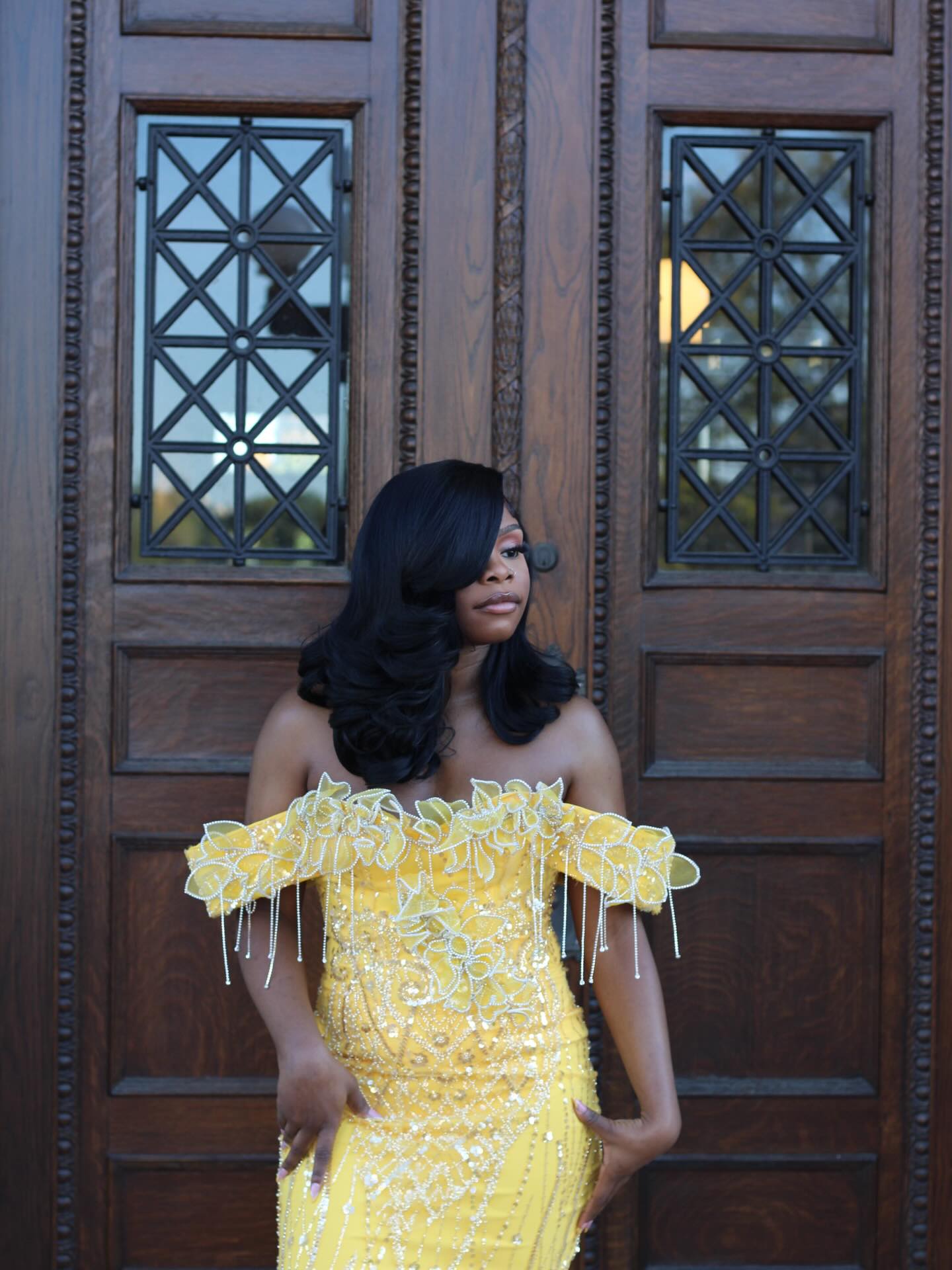 Yellow Lace Mermaid Prom Dress Off Shoulder 3D Floral Crystal Fringe Sparkly Evening Gown with Detachable Train