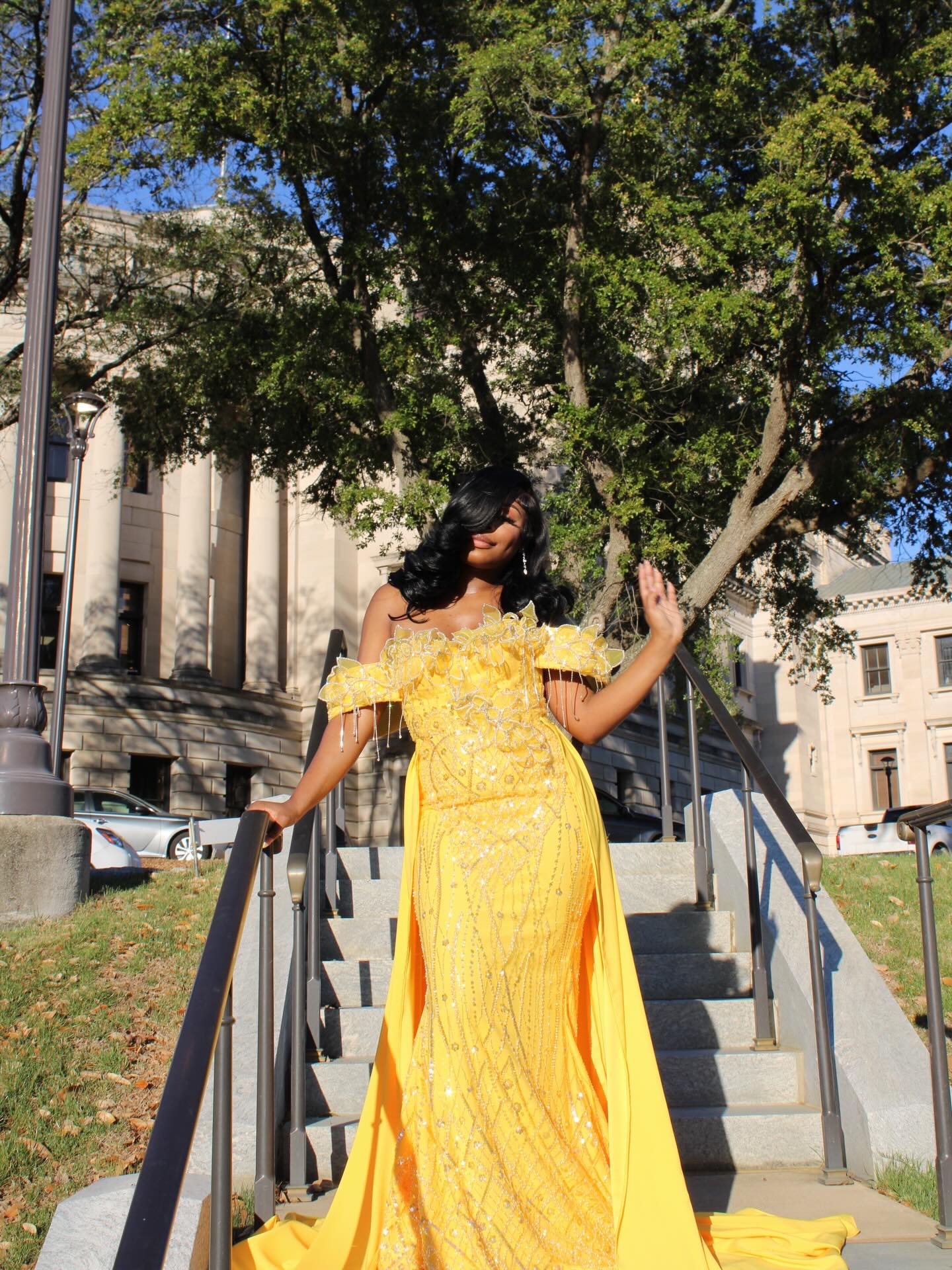 Yellow Lace Mermaid Prom Dress Off Shoulder 3D Floral Crystal Fringe Sparkly Evening Gown with Detachable Train