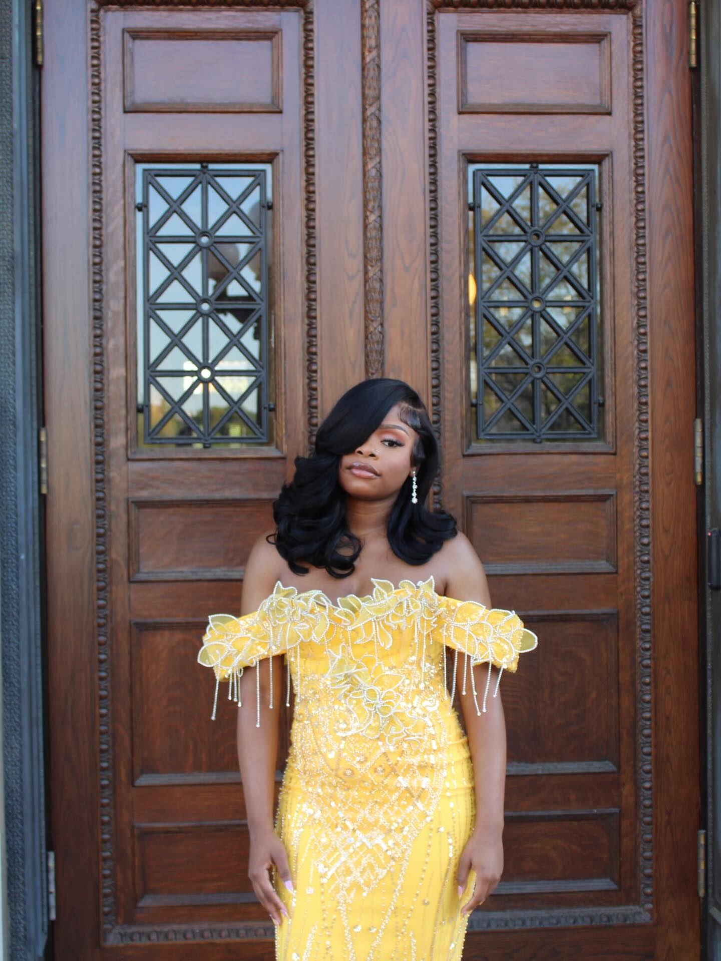 Yellow Lace Mermaid Prom Dress Off Shoulder 3D Floral Crystal Fringe Sparkly Evening Gown with Detachable Train