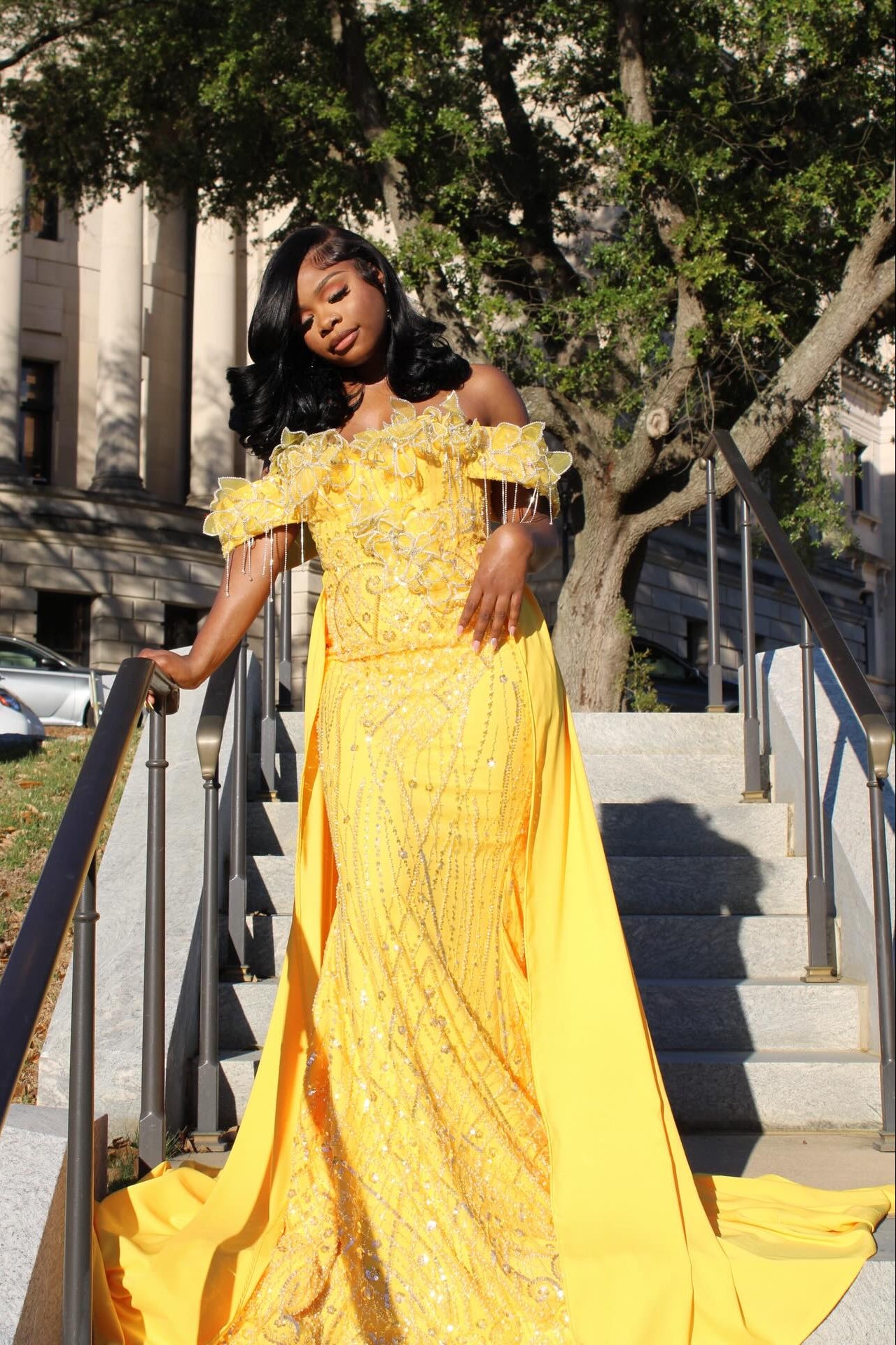 Yellow Lace Mermaid Prom Dress Off Shoulder 3D Floral Crystal Fringe Sparkly Evening Gown with Detachable Train