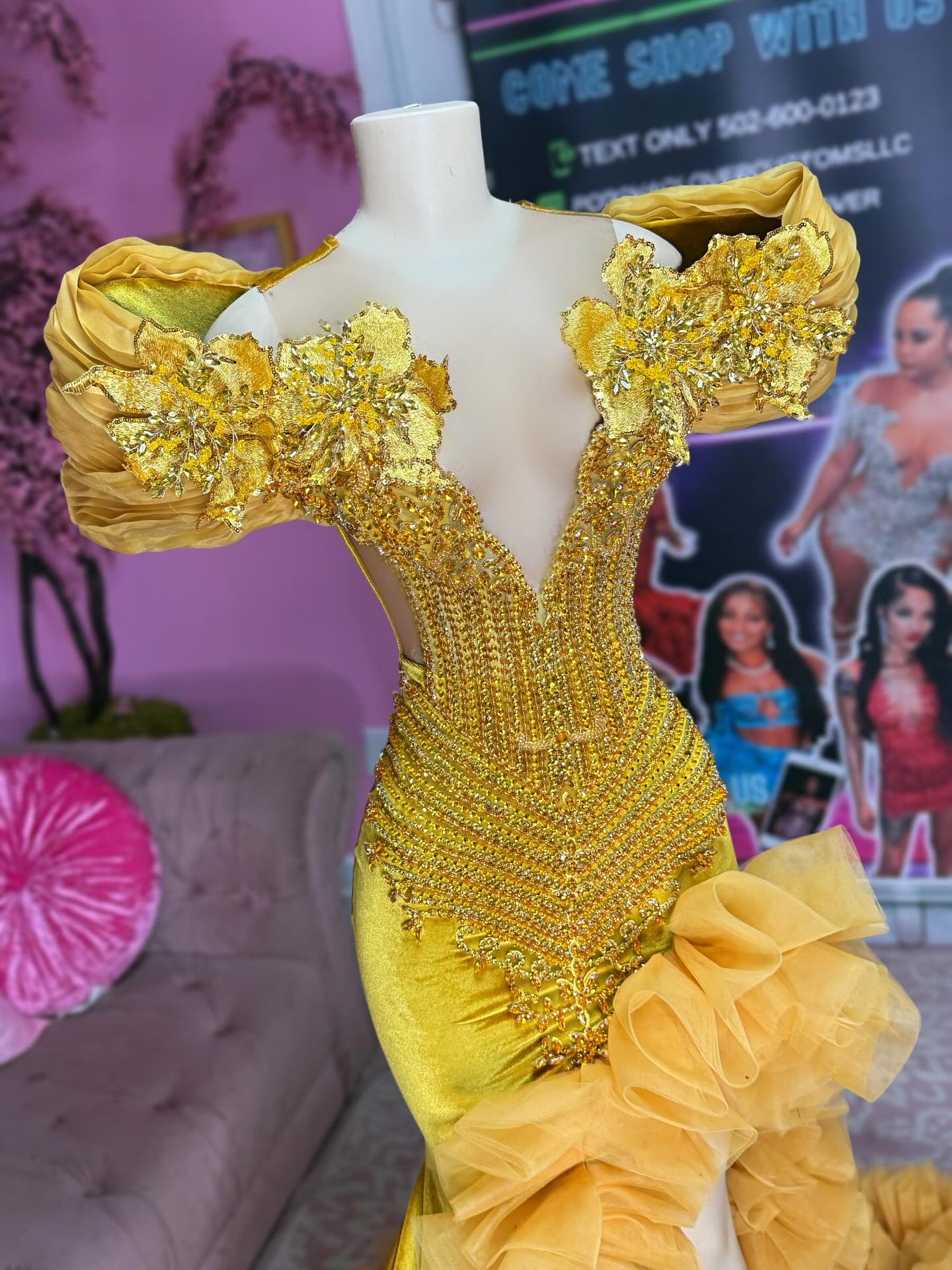 Yellow Mermaid Prom Dress Off Shoulder Deep V Oversized Puff Sleeve Gold Sequin 3D Floral Applique Sheer Illusion Crystal Vertical Chain Beaded High Split Organza Ruffle Cathedral Train Gown