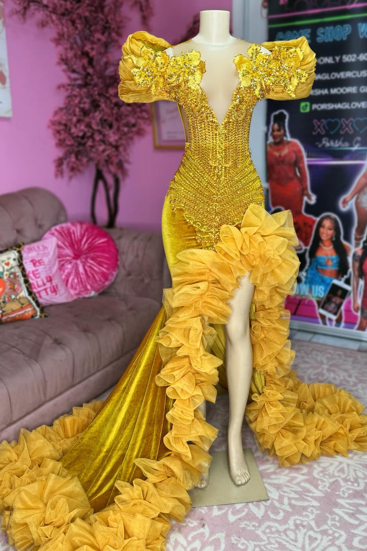 Yellow Mermaid Prom Dress Off Shoulder Deep V Oversized Puff Sleeve Gold Sequin 3D Floral Applique Sheer Illusion Crystal Vertical Chain Beaded High Split Organza Ruffle Cathedral Train Gown