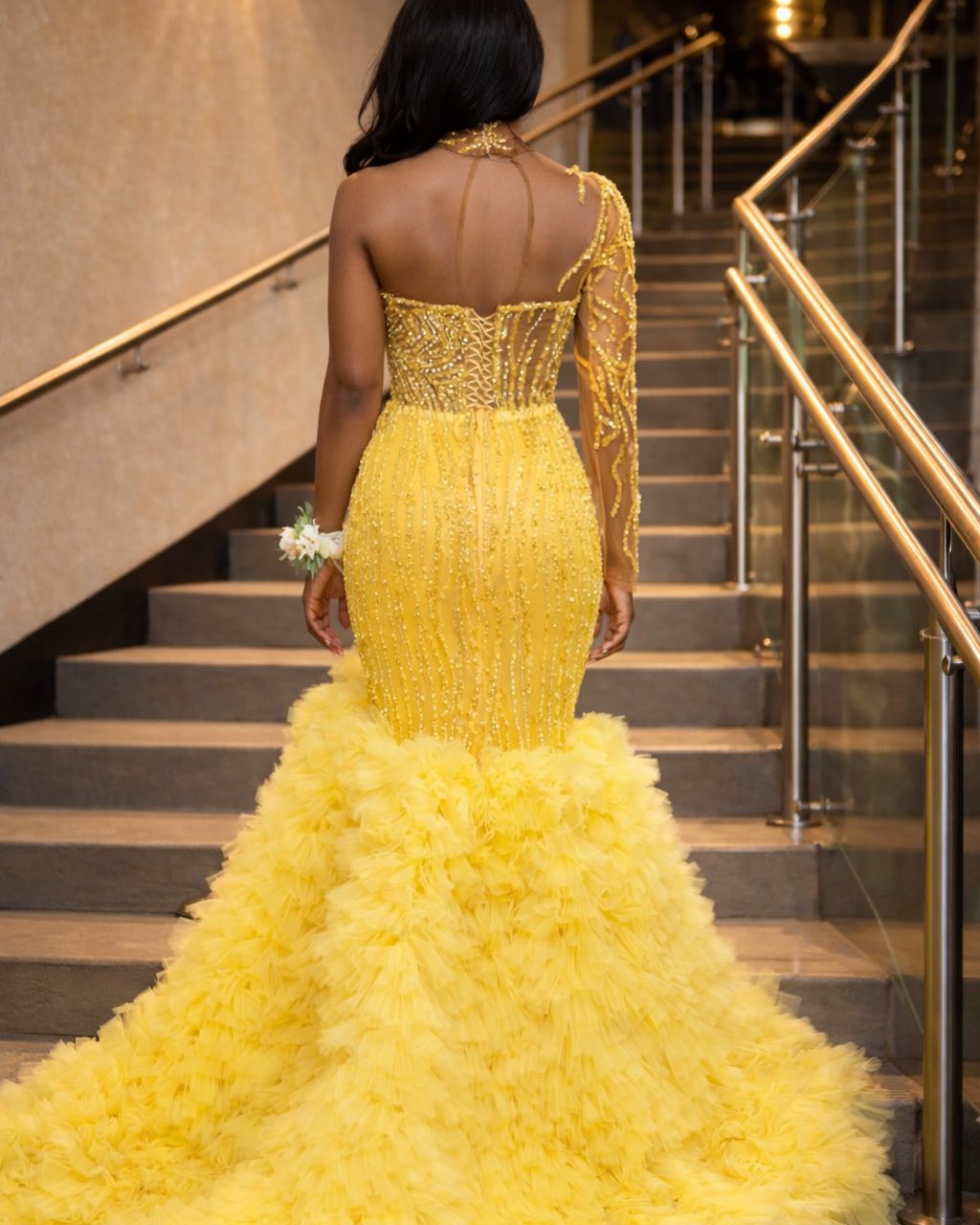 Yellow Mermaid Prom Dress One Long Sleeve Sheer Illusion Gold Crystal 3D  Baroque Scroll Beaded Corset Gold Lace Applique Hem High Split Cathedral  Train
