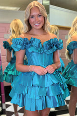 Yellow Off the Shoulder A-Line Short Corset Homecoming Dress with Ruffles