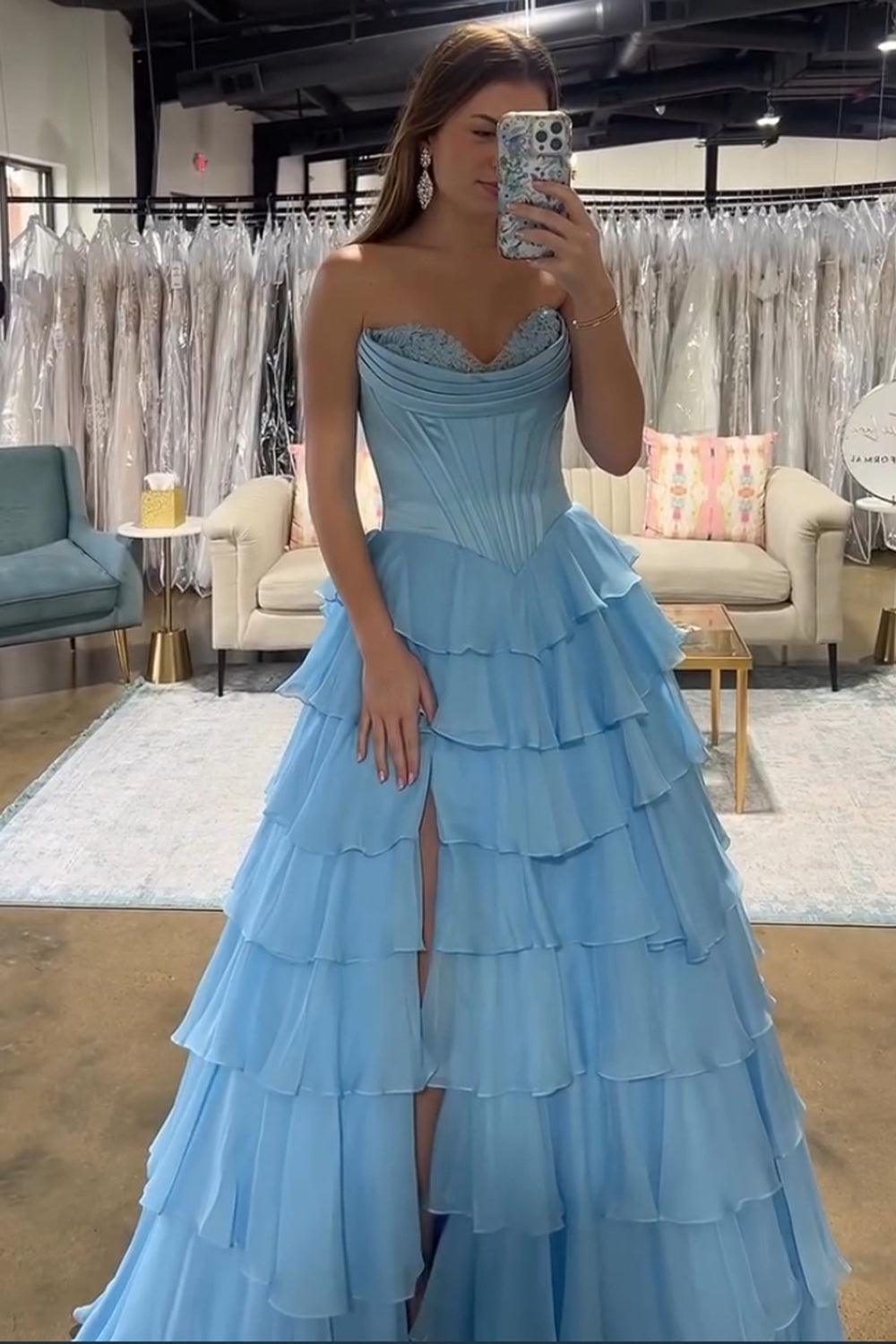 Light blue sweetheart ruffled A-line prom dress