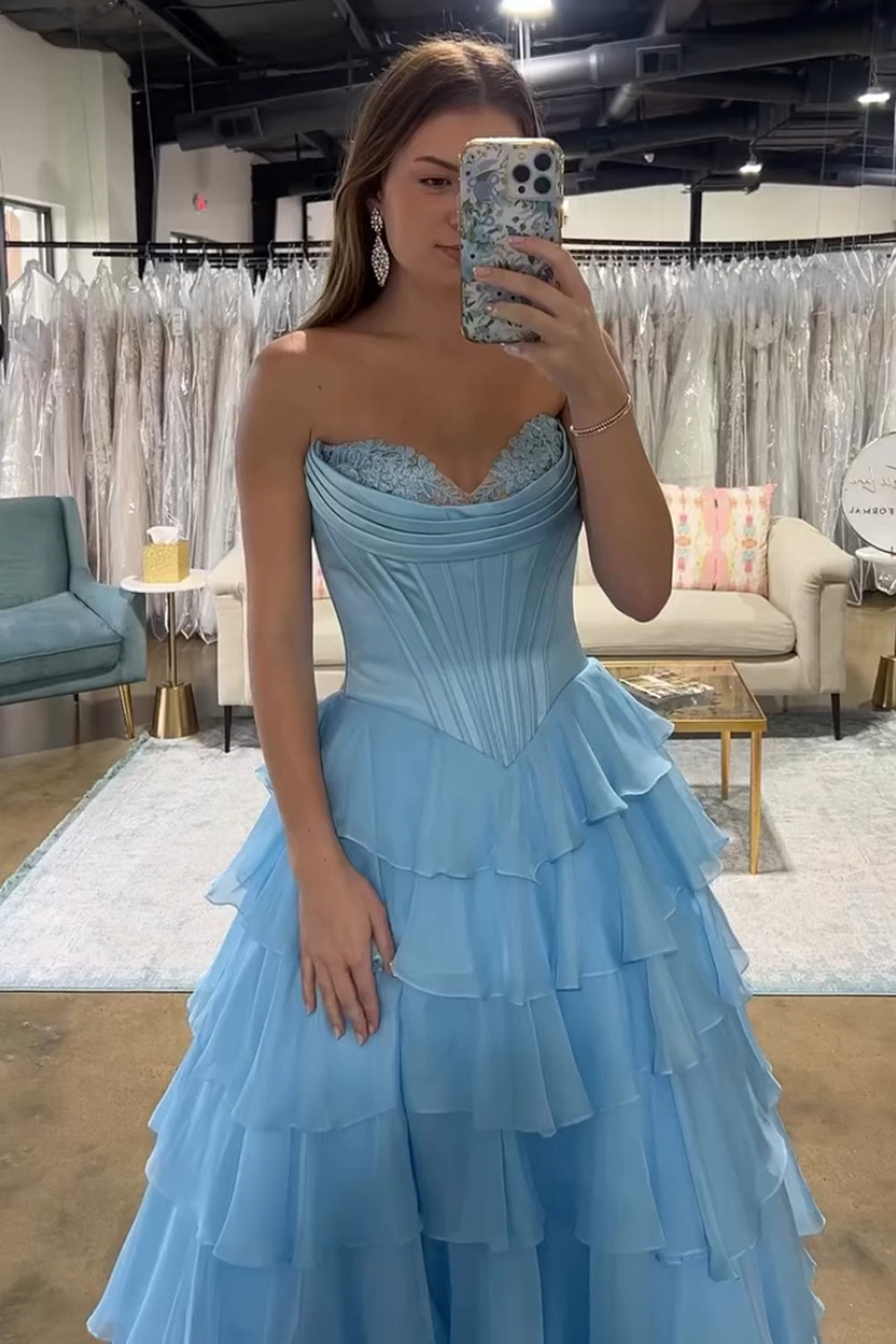 Light blue sweetheart ruffled A-line prom dress