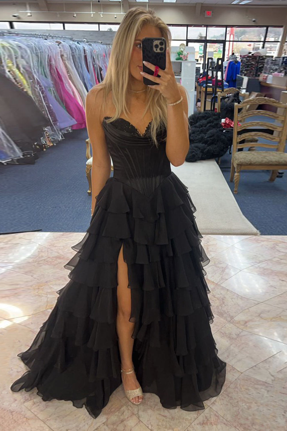 Black sweetheart ruffled A-line prom dress