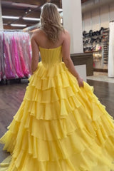 Yellow sweetheart ruffled A-line prom dress