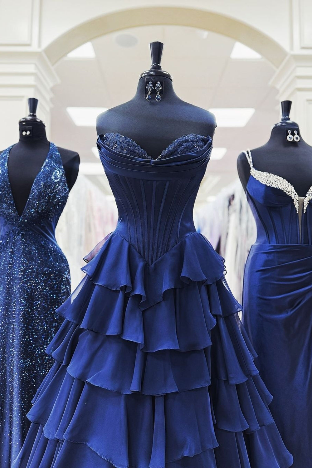Navy sweetheart ruffled A-line prom dress