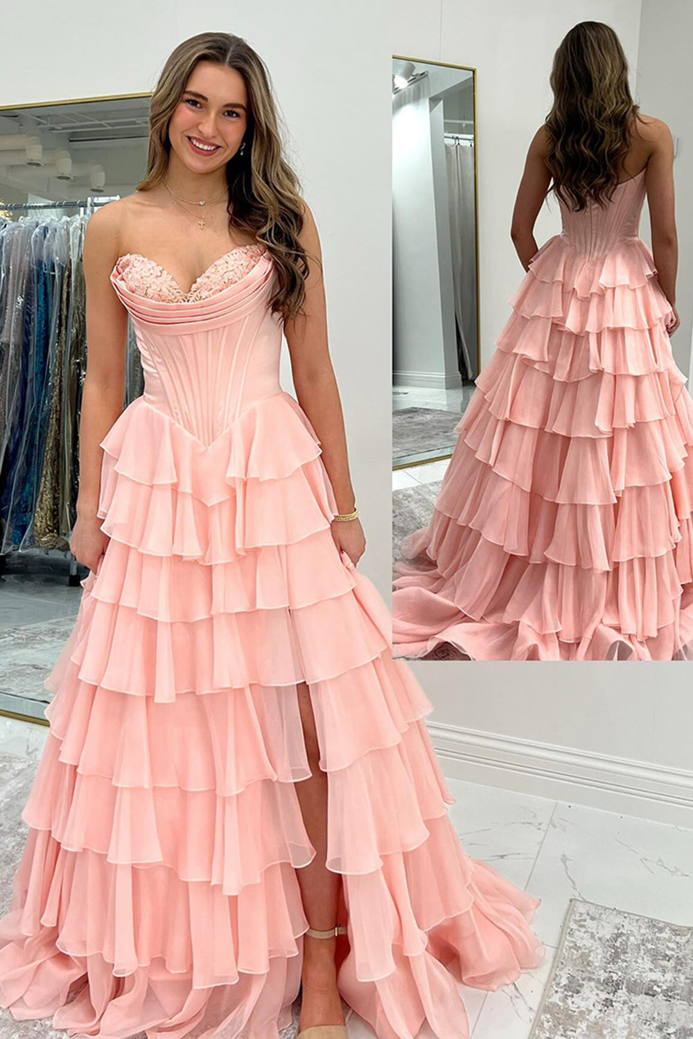 Yellow Princess Sweetheart Chiffon Ruffled Long Corset Prom Dress with Slit