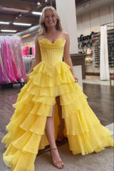 Yellow sweetheart ruffled A-line prom dress