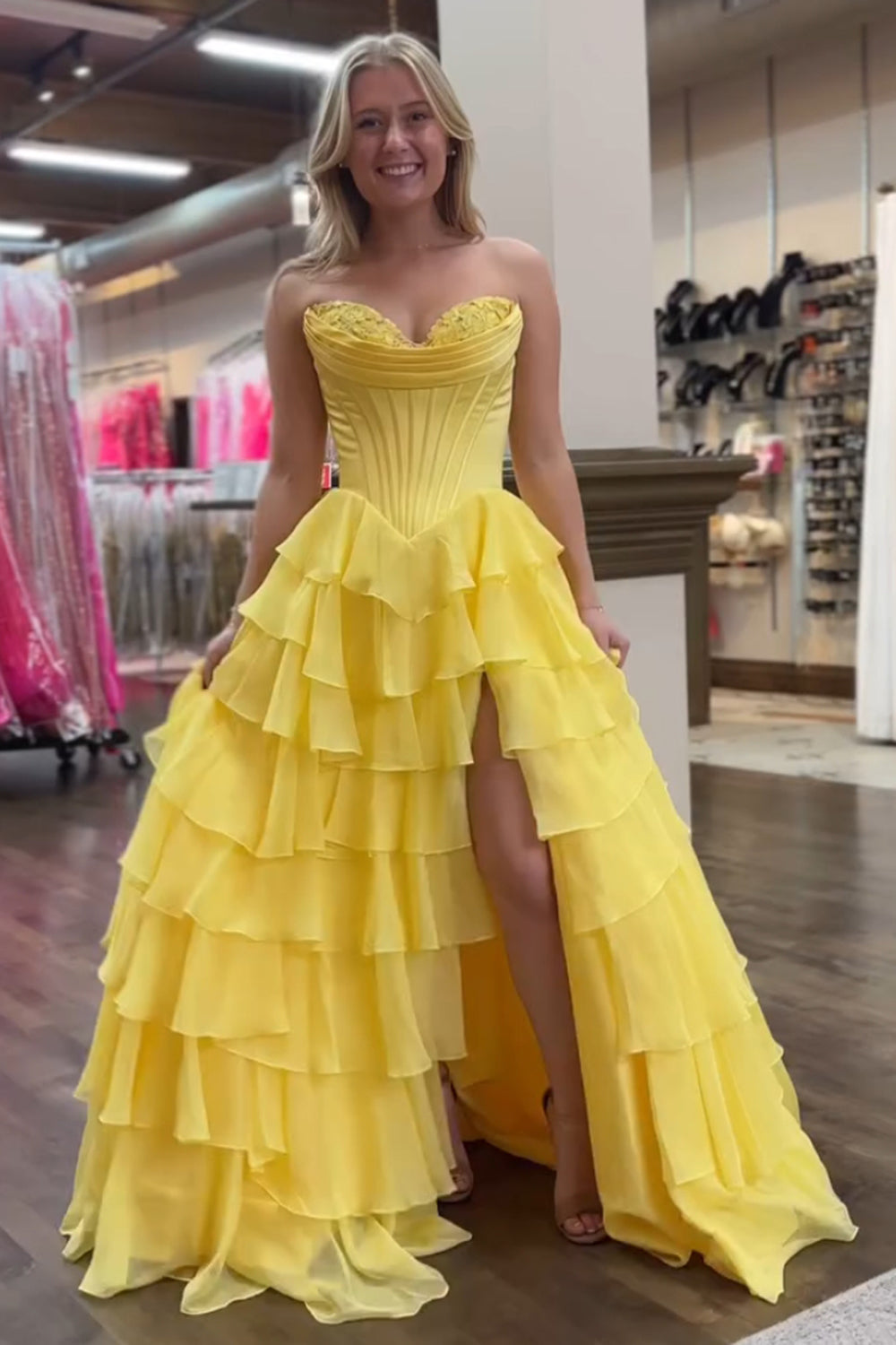Yellow sweetheart ruffled A-line prom dress