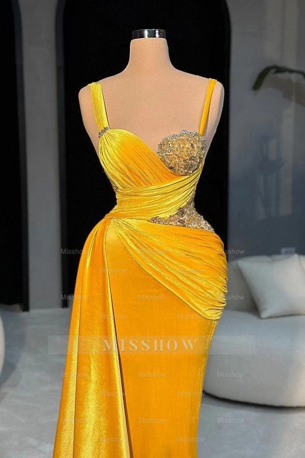 Yellow Rhinestone Bright Spaghetti Straps Ruched Mermaid Satin Floor Length Evening Gown
