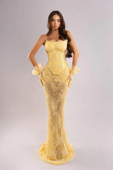 Yellow Rhinestone Strapless Lace Corset Mermaid Floor Length Formal Evening Dress