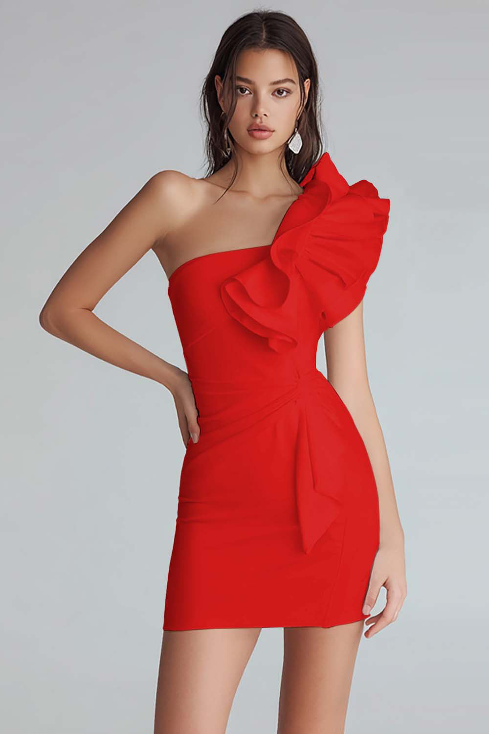 Yellow Satin Satin One Shoulder Short Tight Homecoming Dress with Ruffles