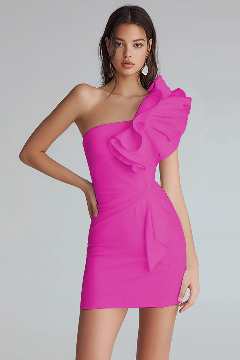 Yellow Satin Satin One Shoulder Short Tight Homecoming Dress with Ruffles