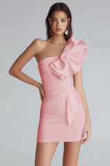 Yellow Satin Satin One Shoulder Short Tight Homecoming Dress with Ruffles