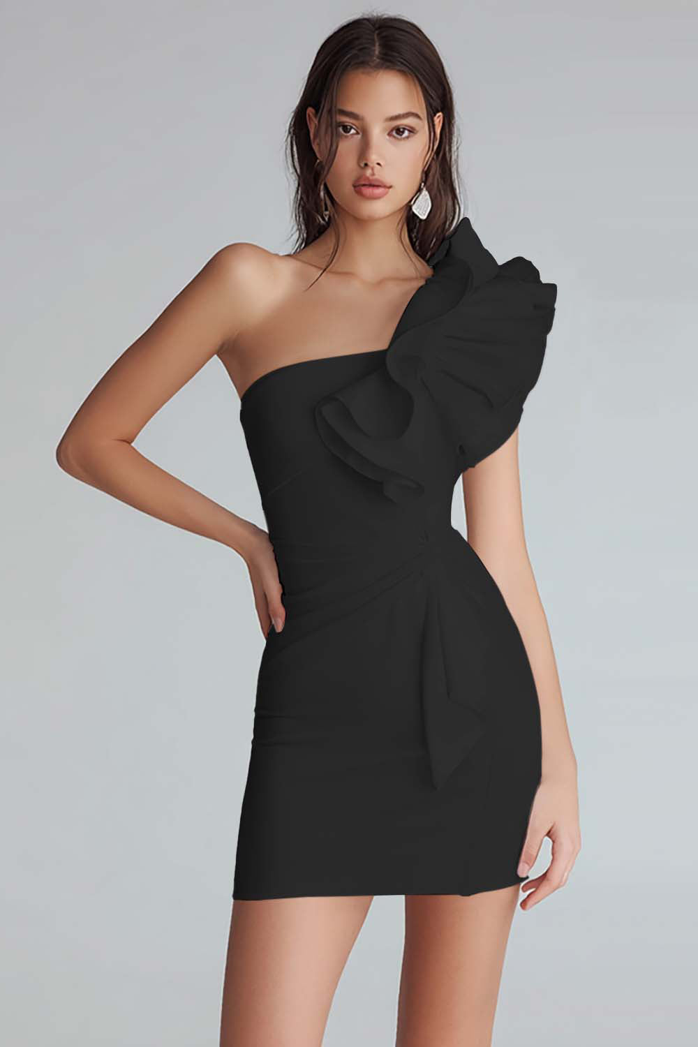 Yellow Satin Satin One Shoulder Short Tight Homecoming Dress with Ruffles