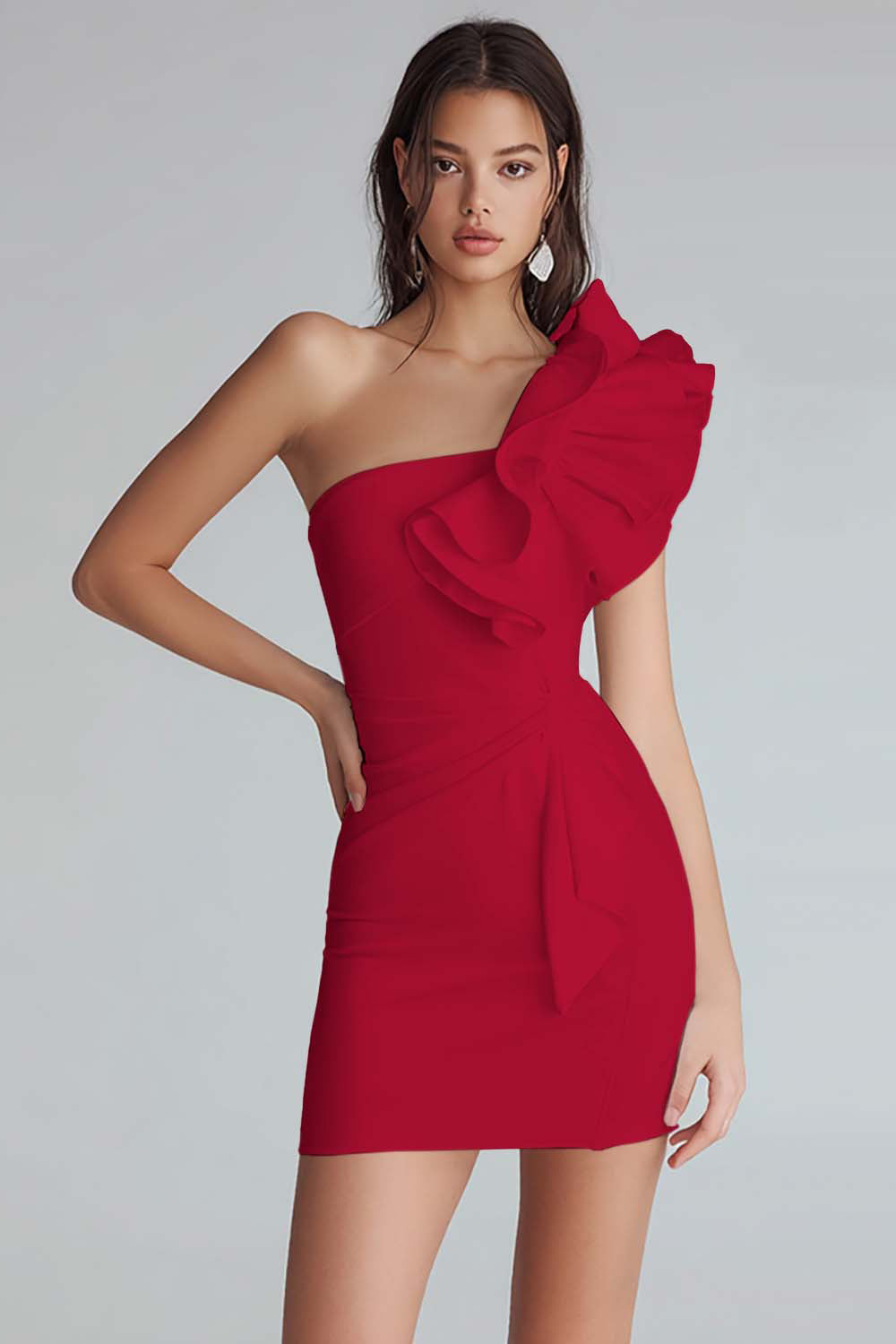 Yellow Satin Satin One Shoulder Short Tight Homecoming Dress with Ruffles