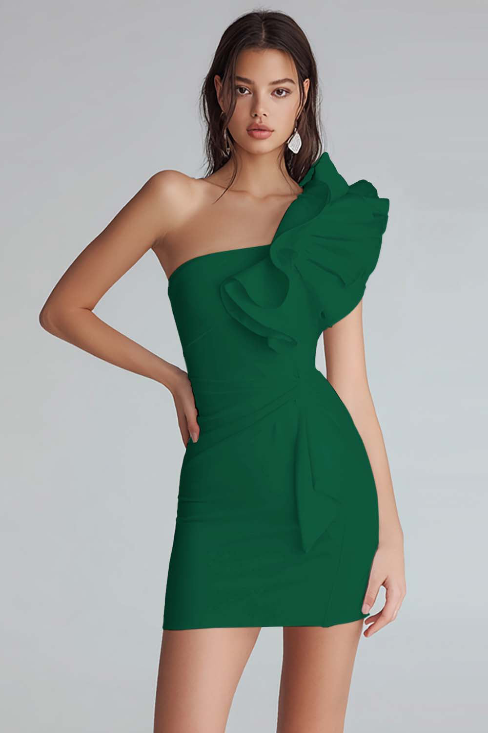 Yellow Satin Satin One Shoulder Short Tight Homecoming Dress with Ruffles