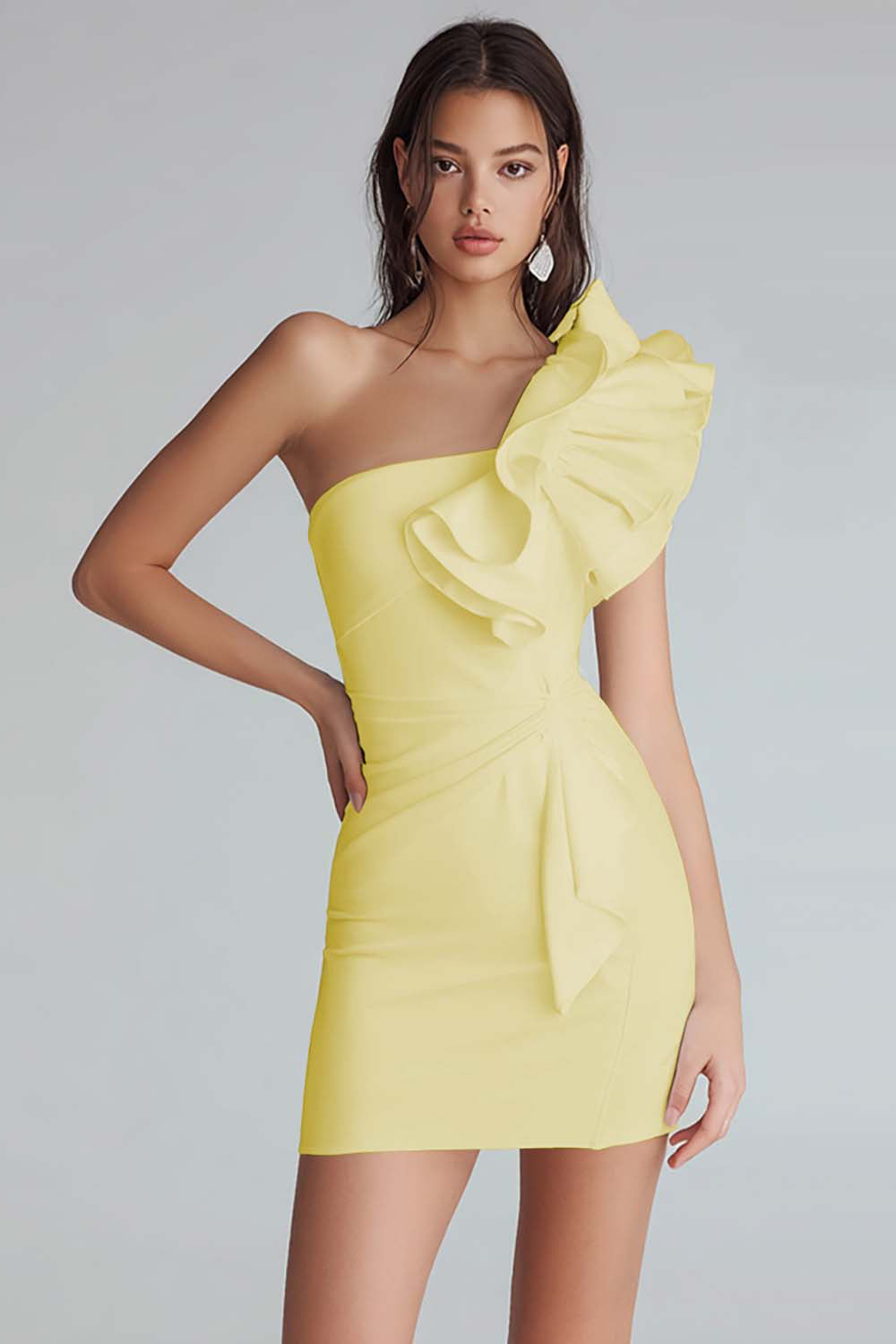 Yellow Satin Satin One Shoulder Short Tight Homecoming Dress with Ruffles