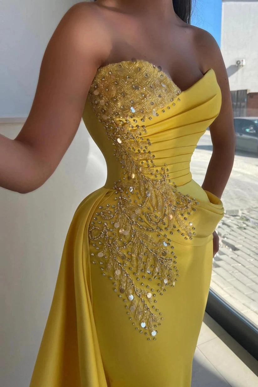 Yellow Satin Strapless Mermaid Evening Gown Sweetheart Gold Sequin Crystal Beaded Bodice Ruched Waist Asymmetric Draped Train