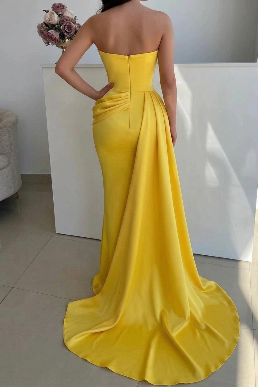 Yellow Satin Strapless Mermaid Evening Gown Sweetheart Gold Sequin Crystal Beaded Bodice Ruched Waist Asymmetric Draped Train