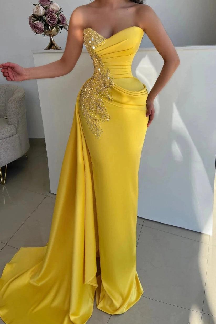 Yellow Satin Strapless Mermaid Evening Gown Sweetheart Gold Sequin Crystal Beaded Bodice Ruched Waist Asymmetric Draped Train