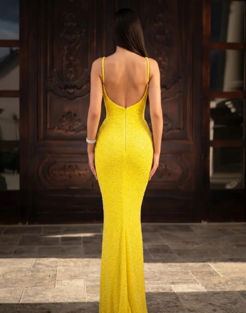 Yellow Spaghetti Straps Sweetheart Mermaid Formal Dress Pearl Beaded Skirt Satin Corset Open Back Floor Length Evening Gown