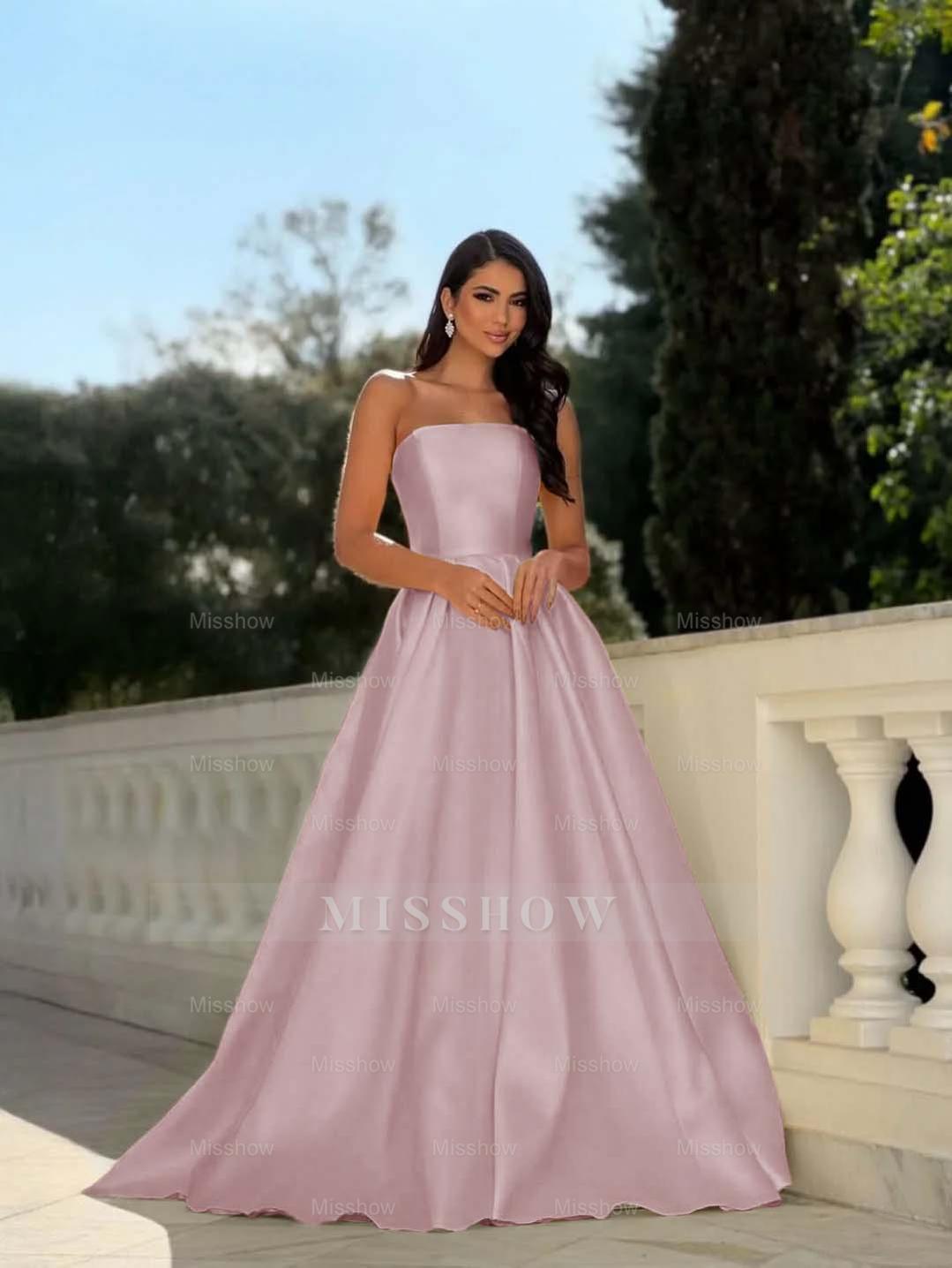 Yellow Strapless Sleeveless A-Line Pleated Satin Floor Length Formal Evening Gown