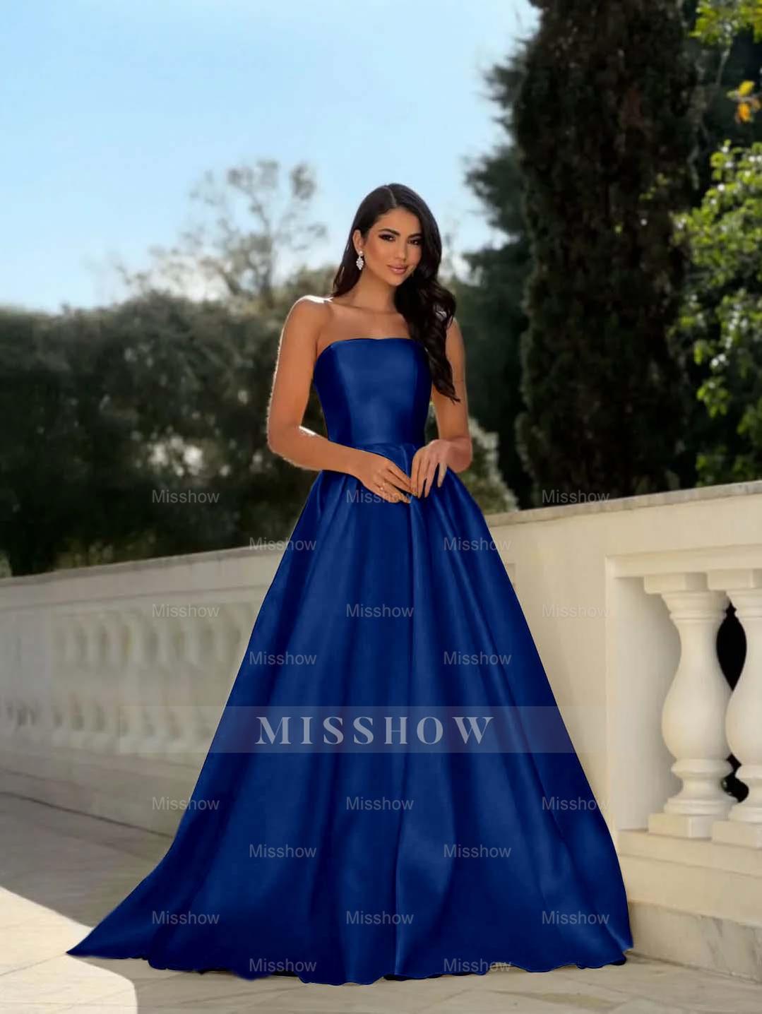 Yellow Strapless Sleeveless A-Line Pleated Satin Floor Length Formal Evening Gown