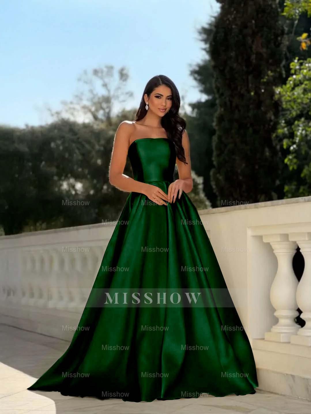 Yellow Strapless Sleeveless A-Line Pleated Satin Floor Length Formal Evening Gown