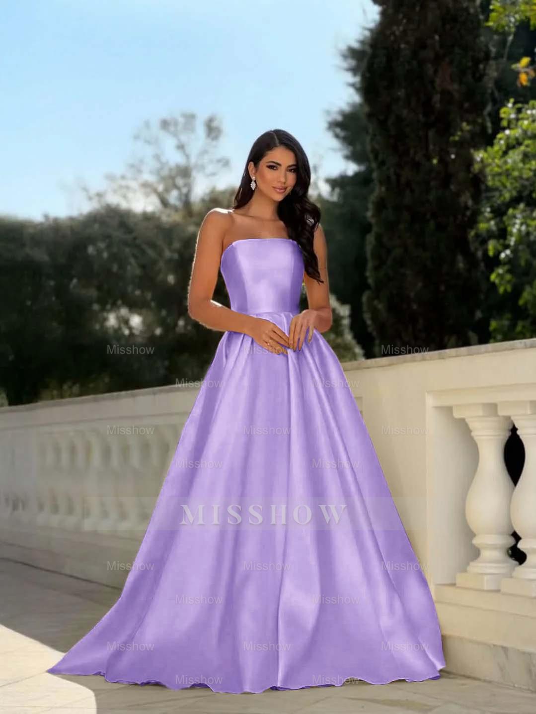 Yellow Strapless Sleeveless A-Line Pleated Satin Floor Length Formal Evening Gown