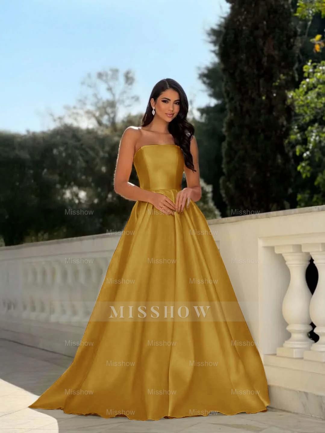 Yellow Strapless Sleeveless A-Line Pleated Satin Floor Length Formal Evening Gown